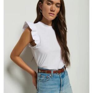 Nation Ltd XS Paulette Flutter Sleeves Tee White Pima Cotton Pullover Crew Neck